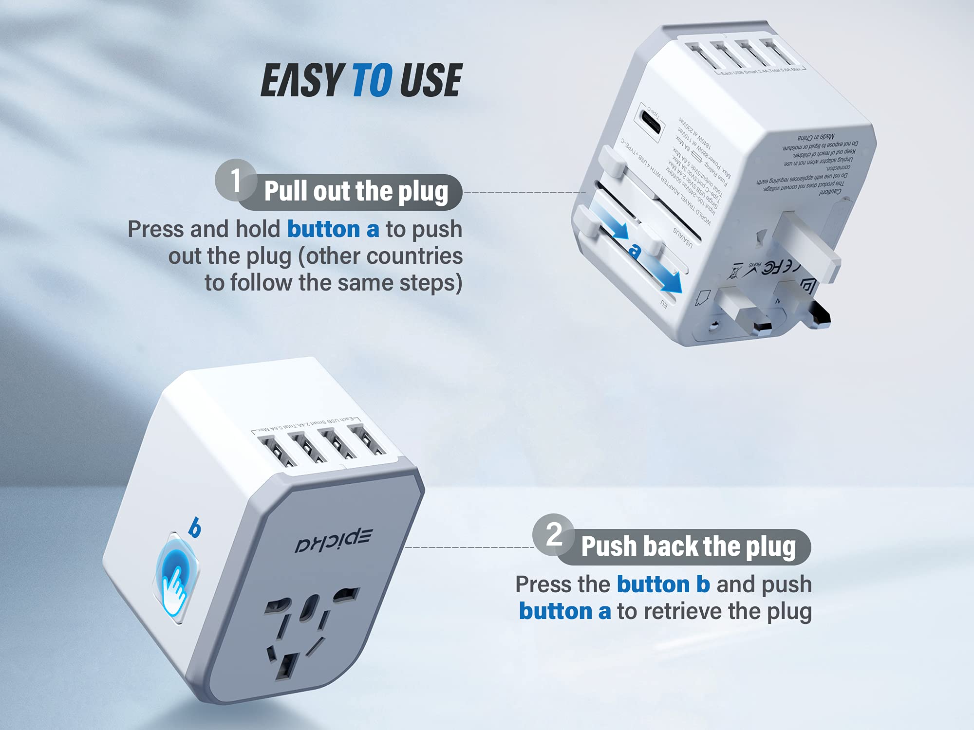 Universal Travel Power Adapter  Epicka All In One Worldwide International Wall Charger Ac Plug Adaptor With Smart Power Usb For